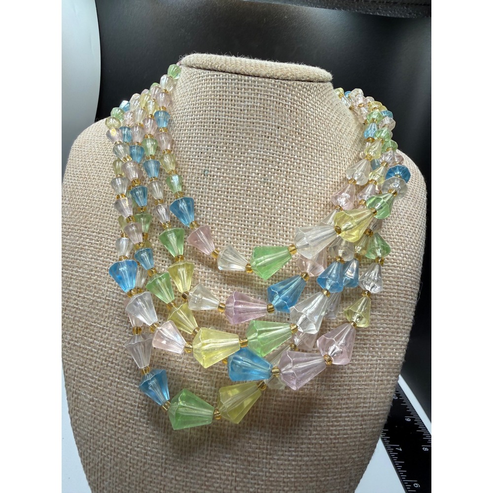 Vintage Germany Pastel Multi Strand Bead Necklace Mid Century Blue Pink Green
